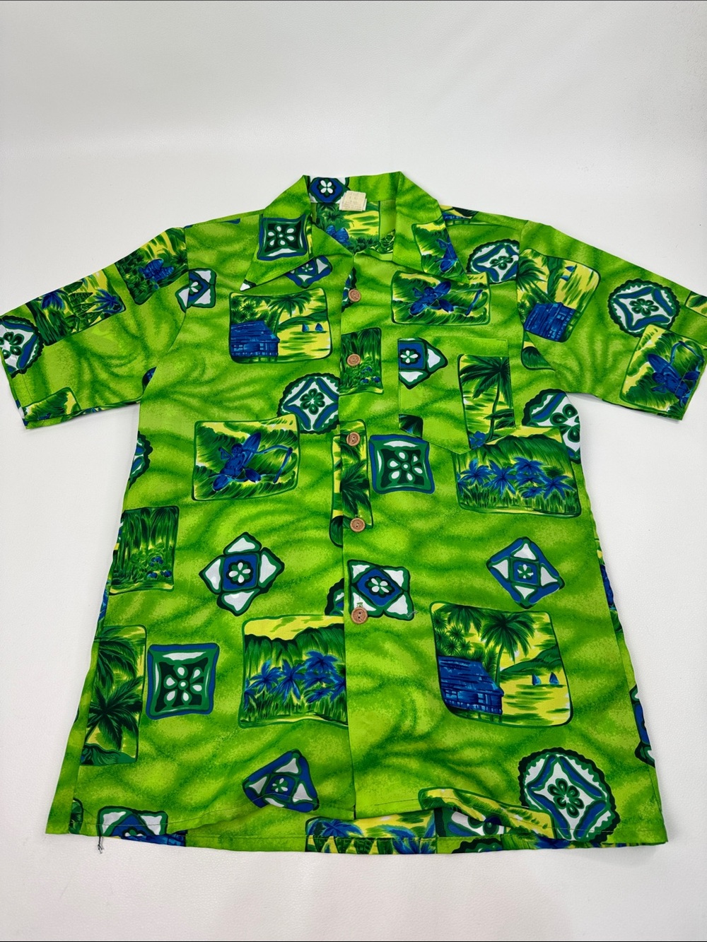 Vintage Big Sur Hawaii Green Tropical Print Short-Sleeve Button-Down Shirt Med